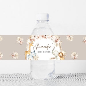 Etiqueta editable para botella de baby shower Boho Safari Etiquetas para botellas de agua Boho Jungle Baby Shower Plantilla de etiquetas imprimibles de animales Boho Safari 0284 imagen 1