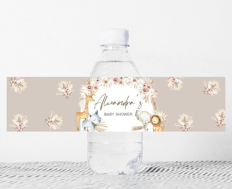 Etiqueta editable para botella de baby shower Boho Safari Etiquetas para botellas de agua Boho Jungle Baby Shower Plantilla de etiquetas imprimibles de animales Boho Safari 0284 imagen 1