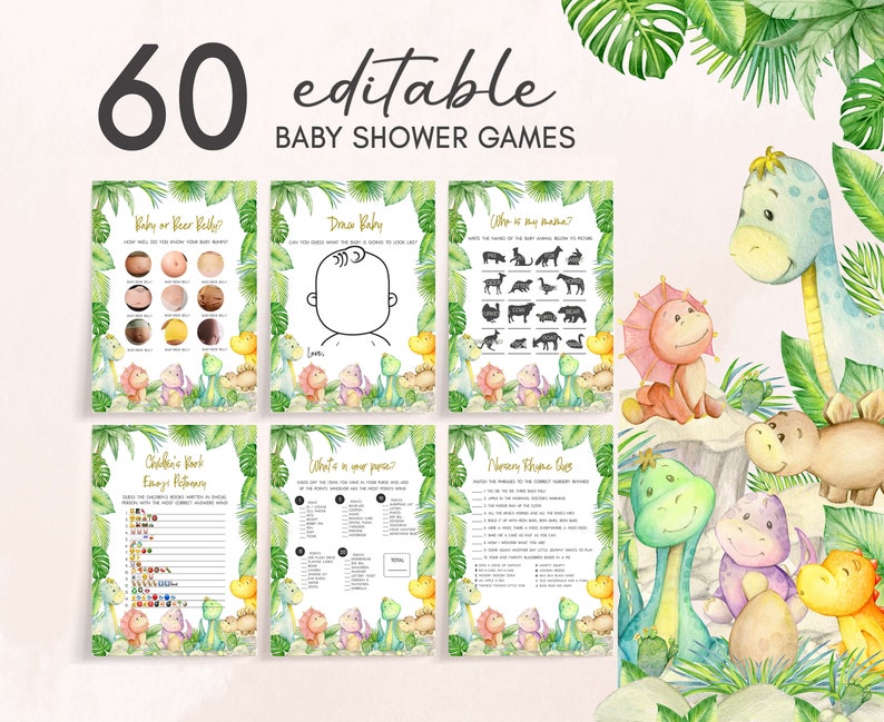 Paquete editable de juegos de baby shower de dinosaurios, paquete de juegos de baby shower Greenery Dino, plantilla de juegos de baby shower de dinosaurio bebé, 0680 imagen 1