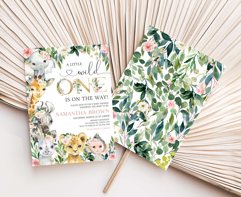 Editable A Little Wild One Jungle Baby Shower Invitation Bundle, Girl Jungle Baby Shower Invite Set, Greenery Floral Safari Baby Shower 0602 image 2