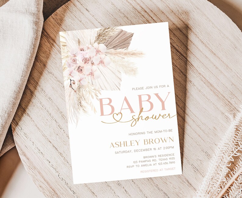 Invitación editable de baby shower boho rosa, invitación de baby shower de hierba de pampas para niña, plantilla de invitación de baby shower floral boho rústico, 0600 imagen 1