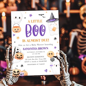 Editable Purple A Little Boo Baby Shower Invitation, Ghost Halloween Baby Shower Invite, Girl Ghost Spooky Baby Shower Invite Template, 0934