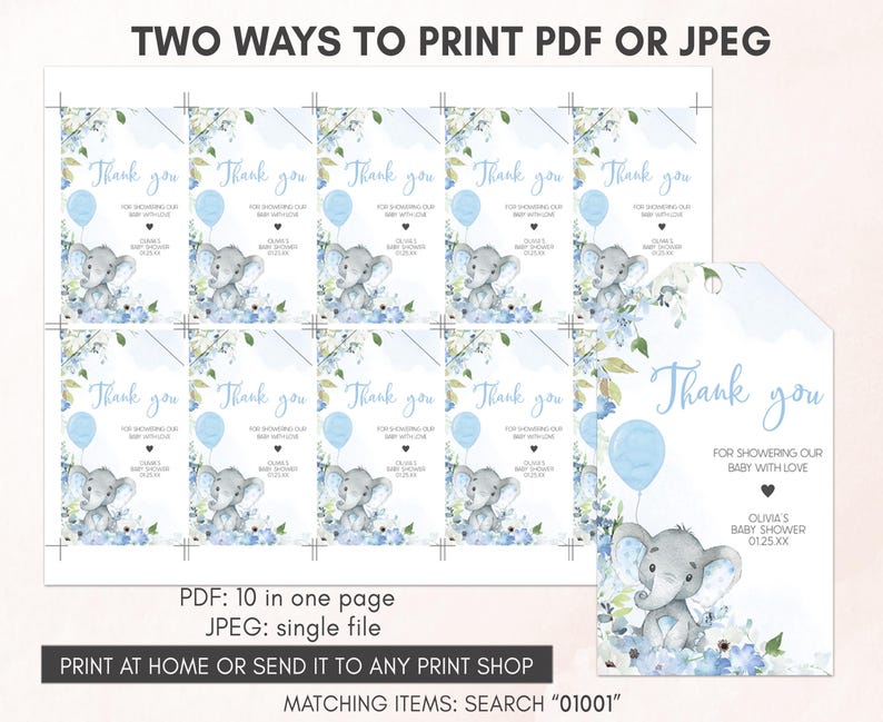 two ways to print a baby elephant thank you card