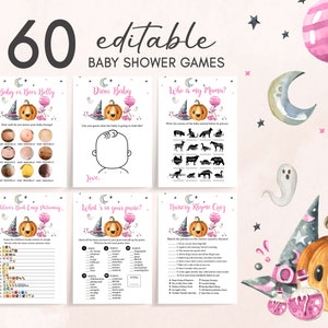 Editable Halloween Baby Shower Games Bundle Pink A Little Boo Baby Shower Game Pack Girl Halloween Pumpkin Baby Game Printable Template 0353