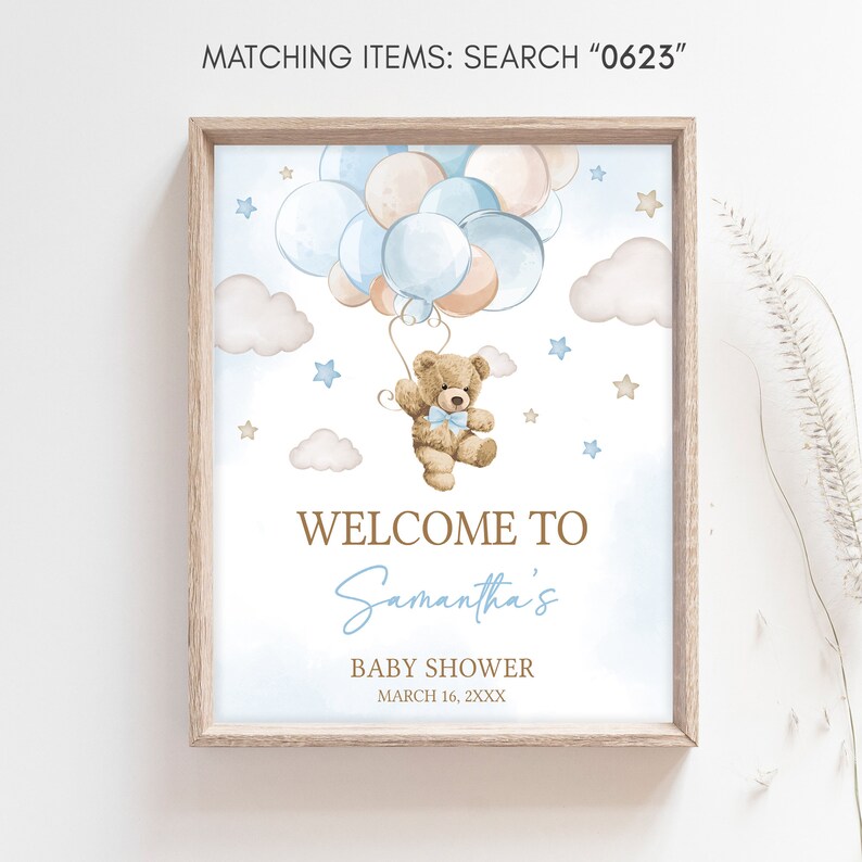 Editable Boy Bear Balloon Baby Shower Welcome Sign, We Can Bearly Wait Baby Shower Welcome Poster, Blue Boho Bear Baby Shower Sign, 0623 image 3