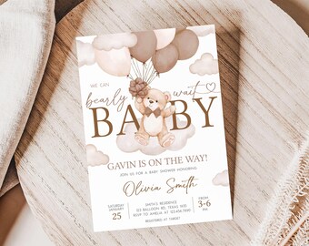 Editable We Can Bearly Wait Baby Shower Invitation, Brown Balloon Bear Baby Shower Invite, Gender Neutral Boho Bear Baby Shower Invite 01027