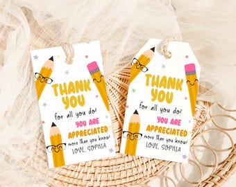 Editable Teacher Gift Tag, Pencil Teacher Appreciation Gift Tags, Printable Teacher Thank You Tag, School Thank You Teacher School Tag, 88SE
