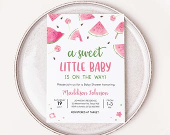 Editable Pink Watermelon Baby Shower Invitation, Watermelon Baby Girl Baby Shower Invitation, A Sweet Little Baby Watermelon Invite, 01073