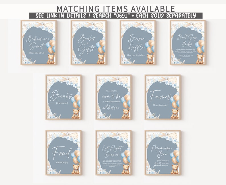 May include: Ten printable signs for a baby shower with a blue and brown color scheme. The signs feature a teddy bear and balloons and have text such as "Books & Gifts", "Drinks", "Food", "Favors", "Mom-osa Bar", "Don't Say Baby", "Late Night Diapers", "Please Help the Mom-to-Be", "Draper Raffle", and "Babies are Sweet".