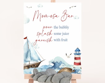 Mom Osa Bar Sign Nautical Baby Shower, Ahoy It's A Boy Baby Shower Momosa Sign, Blue Boat Nautical Mimosa Sign, Boy Baby Shower Decor, 0781