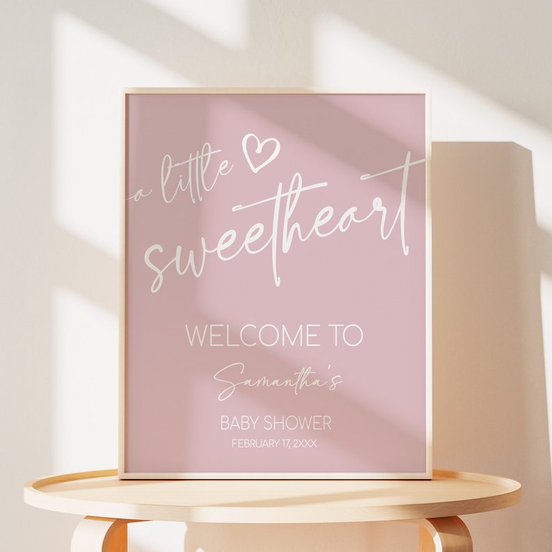 Editable Valentine Baby Shower Welcome Sign, Minimalist Heart Baby Shower Welcome Poster, Pink A Little Sweetheart Baby Shower Sign, 0596 image 1