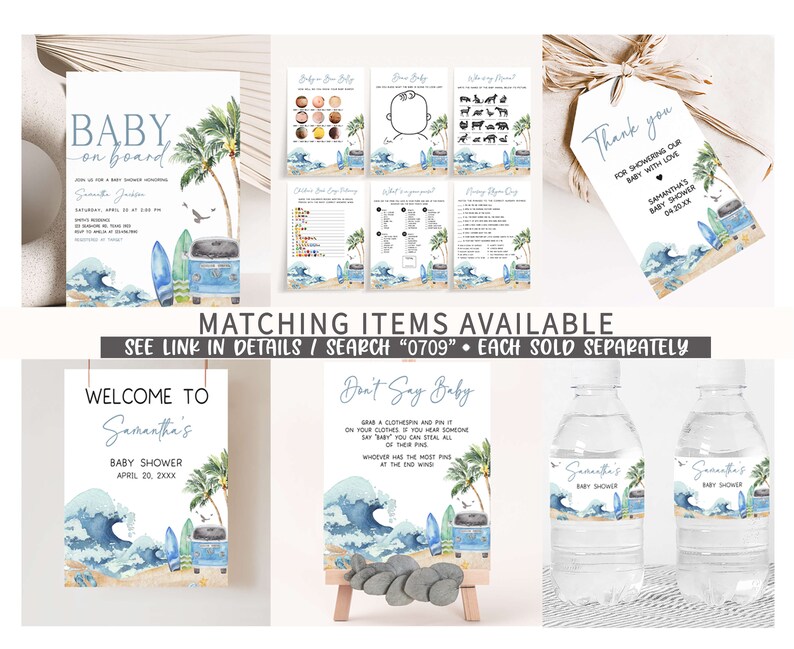 May include: A set of printable baby shower decorations with a blue and white beach theme. The decorations include a welcome sign, a don't say baby game, a thank you tag, and water bottle labels. The decorations feature a blue and white surfboard, a blue van, and palm trees.