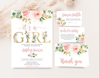 Może przedstawiać: Zaproszenie na baby shower z motywem różowych i złotych kwiatów. Zaproszenie zawiera tekst "To dziewczynka", "Ashley Brown", "Sobota, 16 marca o 14:00", "Rezydencja Brown", "123 Floral Rd. Texas 1935", "RSVP do Amelii pod numer 123.456.7890", i "Zarejestrowane w Target".