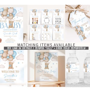 May include: A set of baby shower party decorations featuring a teddy bear holding balloons in blue and brown colors. The decorations include a welcome sign, a don't say baby sign, water bottle labels, and a thank you tag. The text on the welcome sign reads "Welcome to Samantha's Baby Shower March 18, 2023".