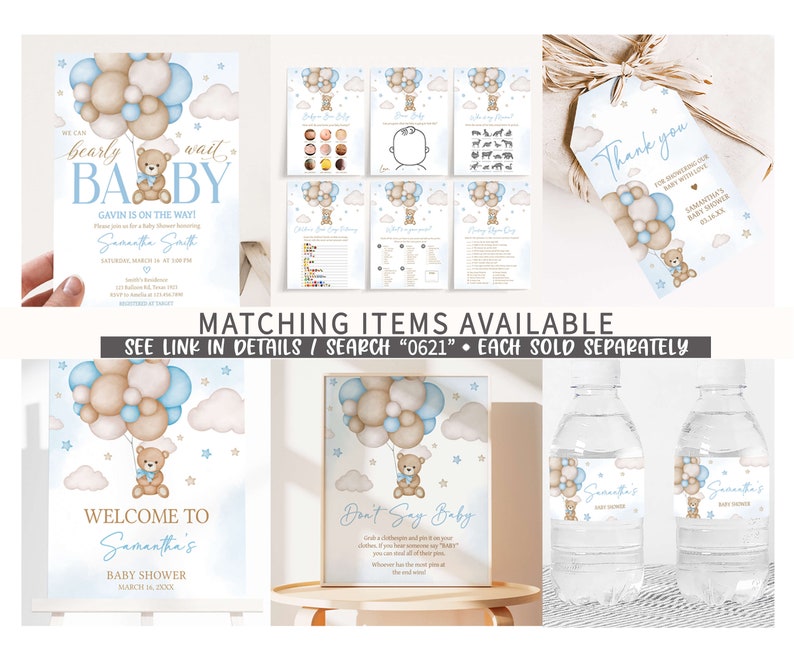 May include: A set of baby shower party decorations featuring a teddy bear holding balloons in blue and brown colors. The decorations include a welcome sign, a don't say baby sign, water bottle labels, and a thank you tag. The text on the welcome sign reads "Welcome to Samantha's Baby Shower March 18, 2023".
