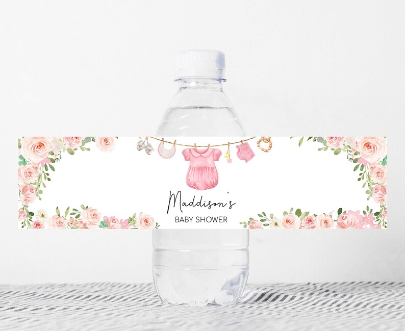 Editable Girl Baby Clothes Baby Shower Bottle Label, Pink Boho Baby Shower Water Labels, Sweet Baby Girl Baby Shower Bottle Stickers, 0649 image 1