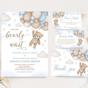 Pacchetto di inviti per baby shower con palloncino modificabile, blu We Can Bearly Wait Set di inviti per baby shower, invito per baby shower Boy Boho Bear, 0504