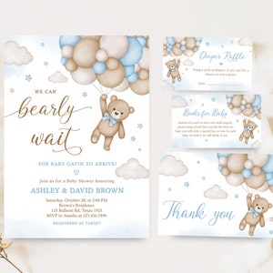 Editable Bear Balloon Baby Shower Invitation Bundle, Blue We Can Bearly Wait Baby Shower Invite Set, Boy Boho Bear Baby Shower Invite, 0504