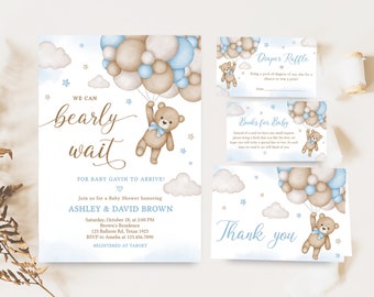 Editable Bear Balloon Baby Shower Invitation Bundle, Blue We Can Bearly Wait Baby Shower Invite Set, Boy Boho Bear Baby Shower Invite, 0504