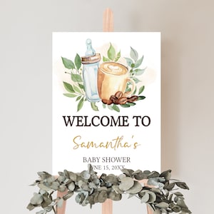 Bearbeitbares Kaffee-Babyparty-Willkommensschild, Ein Baby braut Babyparty-Willkommensplakat, geschlechtsneutrales Greenery-Kaffee-Babyparty-Zeichen 0813