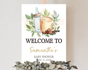 Editable Coffee Baby Shower Welcome Sign, A Baby is Brewing Baby Shower Welcome Poster, Gender Neutral Greenery Coffee Baby Shower Sign 0813