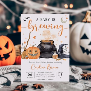 Editable A Baby is Brewing Baby Shower Invitation, Orange Halloween Baby Shower Invite, Neutral Spooky Witch Baby Shower Invitation, 0923