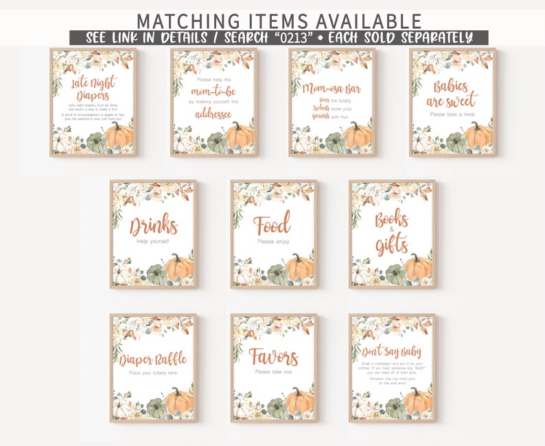 Puede incluir: Una colecci&oacute;n de letreros enmarcados con dise&ntilde;os oto&ntilde;ales. Cada letrero presenta una ilustraci&oacute;n de calabaza y texto como "Late Night Diapers", "Drinks" y "Favors". Los letreros est&aacute;n decorados con elementos florales.