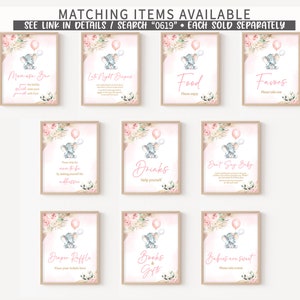 May include: Nine printable signs for a baby shower with a pink and gray elephant theme. The signs include "Mom-osa Bar", "Late Night Diapers", "Food", "Favors", "Drinks", "Don't Say Baby", "Diaper Raffle", "Books & Gifts", and "Babies are Sweet".