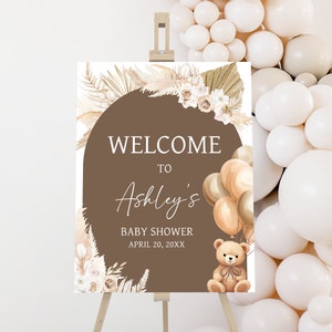 Bearbeitbares Bären-Ballons-Babyparty-Willkommensschild, Wir können kaum warten Boho-Babyparty-Willkommensplakat, Braun-Teddybär-Babyparty-Zeichen, 0694