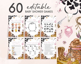 Bewerkbare bundel western cowgirl-babyshowergames, roze wilde westen-babyshowergamepakket, country cowgirl-laarzen rodeo babyshowergames, 0725