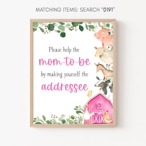 Könnte beinhalten: Ein rosa-weißes bedruckbares Schild mit einem Bauernhof-Thema. Das Schild sagt "Bitte hilf der werdenden Mutter, indem du dich zum Adressaten machst".