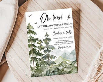 May include: A watercolor illustration of a forest scene with mountains in the background. The text "Oh boy! Let the adventure begin!" is at the top of the invitation. The invitation is for a baby shower honoring Carokne Smith. The date, time, location, and RSVP information are listed below.