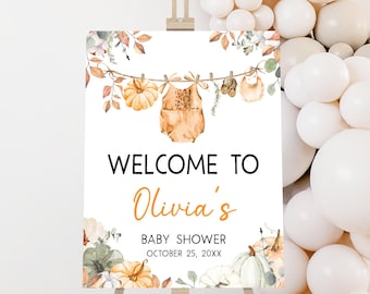 Editable Little Pumpkin Baby Shower Welcome Sign, Autumn Clothesline Fall Baby Shower Welcome Poster, Boho Rustic Clothesline Sign, 01142
