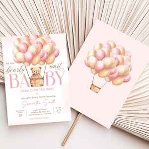 Invito rosa modificabile We Can Bearly Wait per baby shower, invito per baby shower, ragazza orsetta, invito per baby shower con mongolfiere, 0701 immagine 2