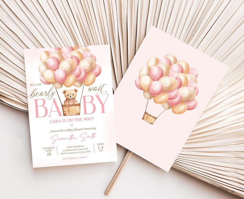 Invito rosa modificabile We Can Bearly Wait per baby shower, invito per baby shower, ragazza orsetta, invito per baby shower con mongolfiere, 0701 immagine 2
