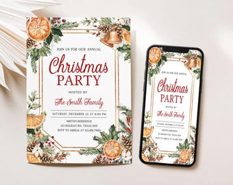 May include: A Christmas party invitation with a festive design. The invitation features the text "Christmas PARTY" in red script, surrounded by illustrations of oranges, pinecones, and greenery. A smartphone displays the same invitation.