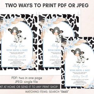 Editable Boy Holy Cow Baby Shower Invitation, Blue Highland Cow Baby Shower Invite, Boho Floral Farm Baby Shower Invitation Template, 0663 image 3