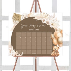 Editable Bear Balloons Baby Shower Due Date Calendar, We Can Bearly Wait Boho Baby Shower Calendar, Brown Teddy Bear Baby Shower Game, 0694 image 1