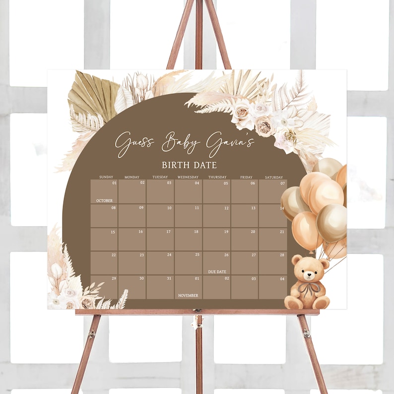 Editable Bear Balloons Baby Shower Due Date Calendar, We Can Bearly Wait Boho Baby Shower Calendar, Brown Teddy Bear Baby Shower Game, 0694 image 1
