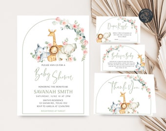 Bewerkbare meisjessafari babyshower uitnodigingsbundel, roze bloemen safari jungle babyshower uitnodigingsset, meisjessafari dieren babyshower, 0307