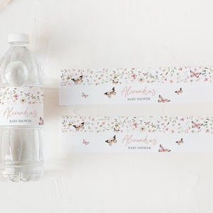 Bewerkbaar baby in bloei fles babyshower label, vlinder waterlabel babyshower, vlinders wilde bloemen lente waterfles stickers 0674 afbeelding 3