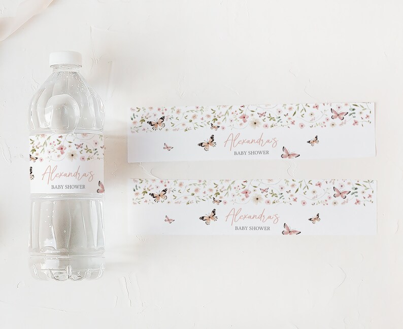 Bewerkbaar baby in bloei fles babyshower label, vlinder waterlabel babyshower, vlinders wilde bloemen lente waterfles stickers 0674 afbeelding 3