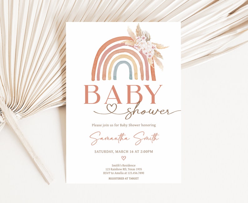 Editable Boho Rainbow Baby Shower Invitation Bundle, Pink Pampas Grass Boho Rainbow Baby Shower Invite Set, Girl Rainbow Baby Shower, 0632 image 3