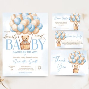 Lot d'invitations modifiables pour baby shower ours montgolfière, ensemble d'invitations baby shower garçon We Can Bearly Wait, baby shower bohème ours bleu, 0700 image 1