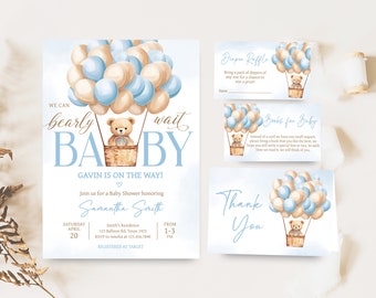 May include: A baby shower invitation with a blue and beige colour scheme. The invitation features a teddy bear in a basket, surrounded by balloons, and the text "We can barely wait BABY". The invitation also includes the name "Gavin" and the date "Saturday, April 20".