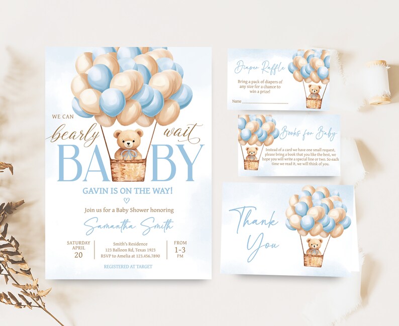 Lot d'invitations modifiables pour baby shower ours montgolfière, ensemble d'invitations baby shower garçon We Can Bearly Wait, baby shower bohème ours bleu, 0700 image 1