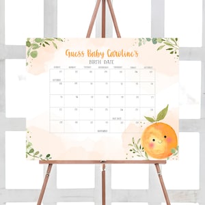 Editierbarer Little Cutie Baby Shower Kalender Orange Babyparty Adressaten Schild Fälligkeitsdatum Kalender Gender Neutral Clementine Baby Template 0257