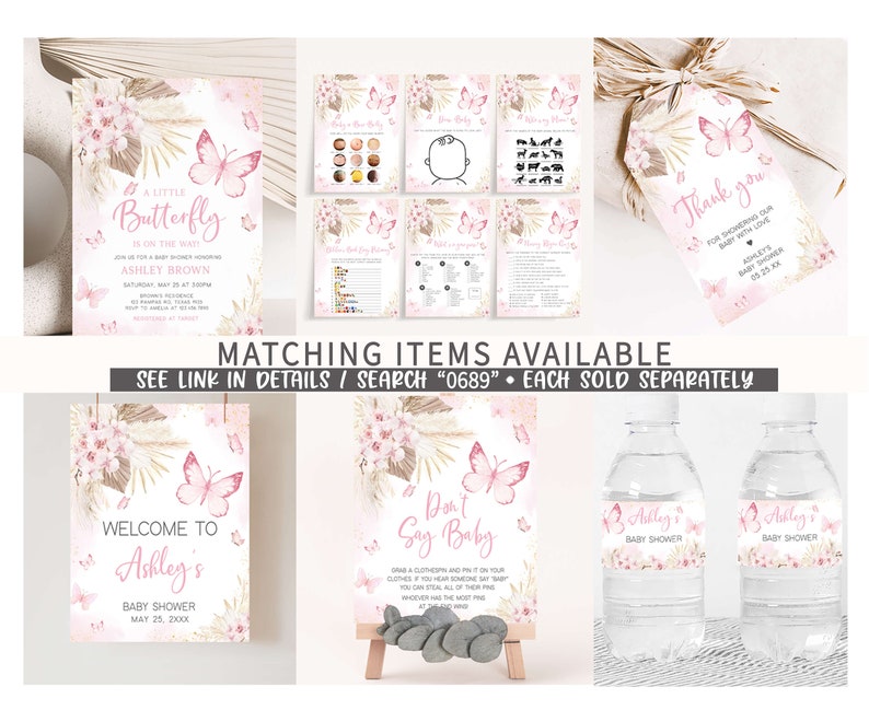 Editable Pink Butterfly Baby Shower Bottle Label, Boho Floral Baby Shower Water Labels, Girl Pampas Grass Butterfly Bottle Stickers, 0689 image 2