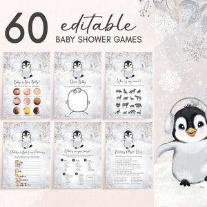 May include: A collection of 60 editable baby shower games with a winter theme. The games feature a cute penguin illustration and include titles like "Baby & Bar Belly?" and "Draw Baby." The background has snowflakes and winter foliage.