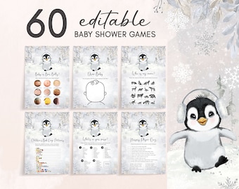 May include: A collection of 60 editable baby shower games with a winter theme. The games feature a cute penguin illustration and include titles like "Baby & Bar Belly?" and "Draw Baby." The background has snowflakes and winter foliage.